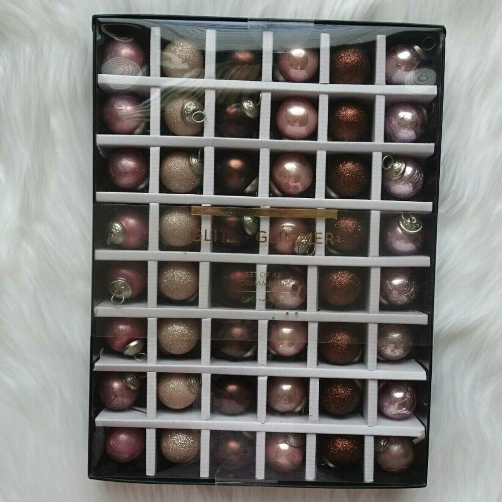 New Glitz + Glimmer 48 Set Small Ornaments Pink Blush Maroon Glitter Distressed